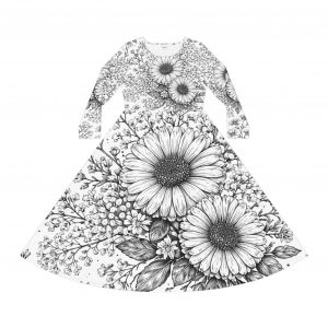 floral sunflower swing dress — black & white long sleeve aop